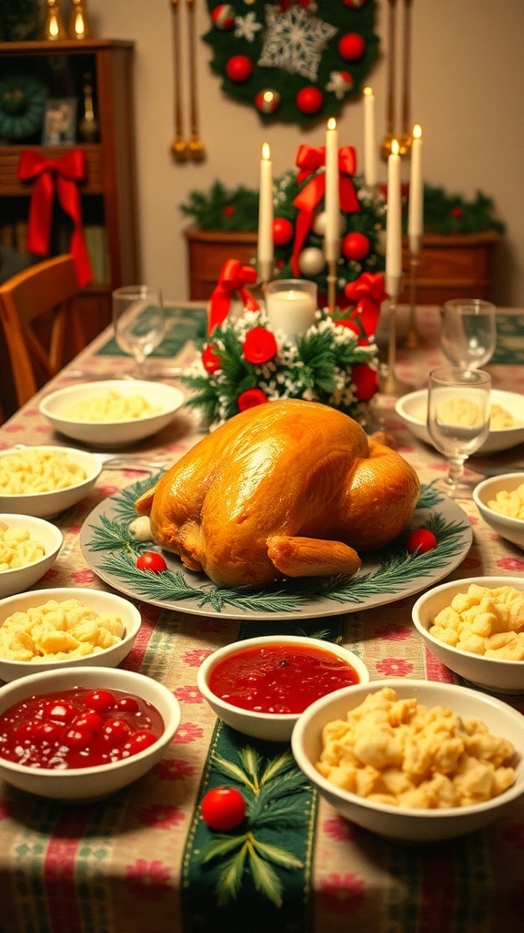 A beautifully arranged 1960s Christmas dinner table with roast turkey, mashed potatoes, and cranberry sauce.